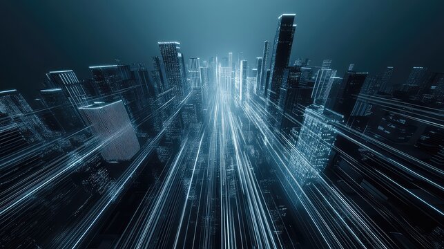 smart city at night viewed from a high-angle, with glowing lines of light representing data flow along the streets and between buildings, futuristic architecture, sleek and clean, long exposure. 