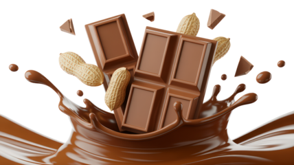 Chocolate Bar And Peanut Splash Motion Dessert Food Sweet Ingredient Delicious Gourmet Beverage Smooth Splatter Style Abstract Design Liquid Flow Brown Nutrition
