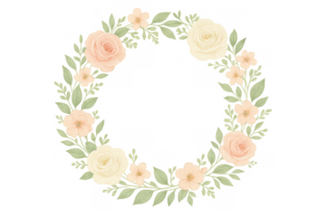 Delicate watercolor wreath featuring soft peach and cream roses with green foliage, ideal for various elegant designs. Transparent background