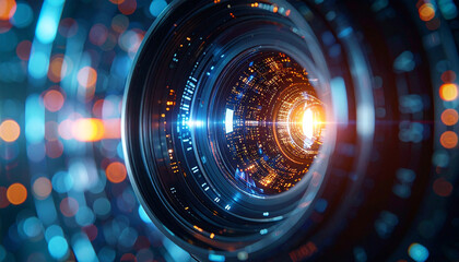 Lens into Technology: A close-up perspective peers into a lens, offering a mesmerizing glimpse into the realm of advanced technology and innovation.