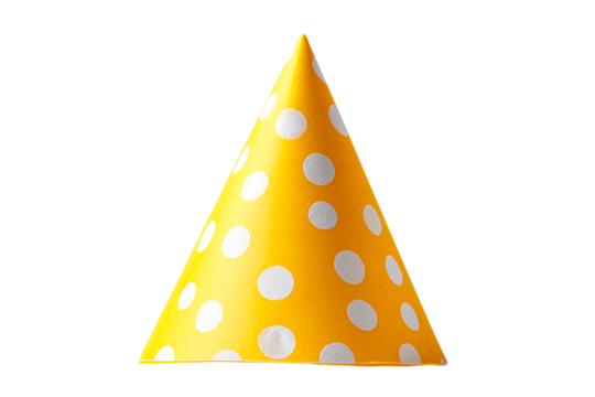 yellow birthday party hat with white polka dots