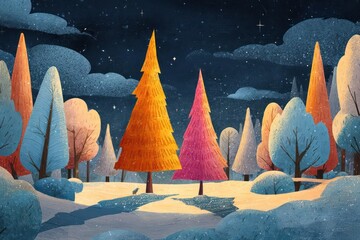 Whimsical winter forest scene with colorful stylized trees under a starry night sky