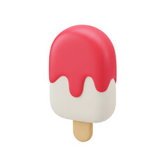 Glossy 3D model of a pink strawberry popsicle with dripping sauce. Minimalist ice cream bar icon rendered for sweet summer dessert and food graphic design