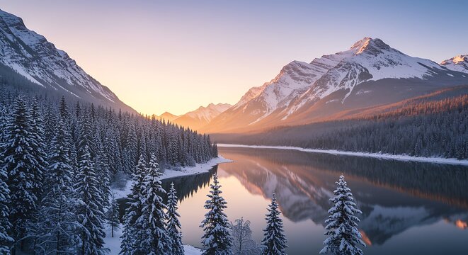 Winter landscape with snow covered mountains forest and lake at sunrise