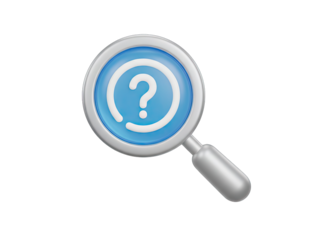 Magnifying Glass Over Question Mark Symbol on Transparent Background representing Search or Uncertainty