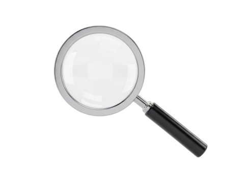 Magnifying Glass with Black Handle Isolated on Transparent Background Reflecting White Light Symbolizing Discovery Investigation and Research