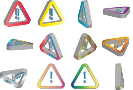Colorful warning signs and triangular shapes against a dark background