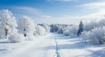 Obraz premium Winter wonderland path through snow covered trees and blue sky expanse
