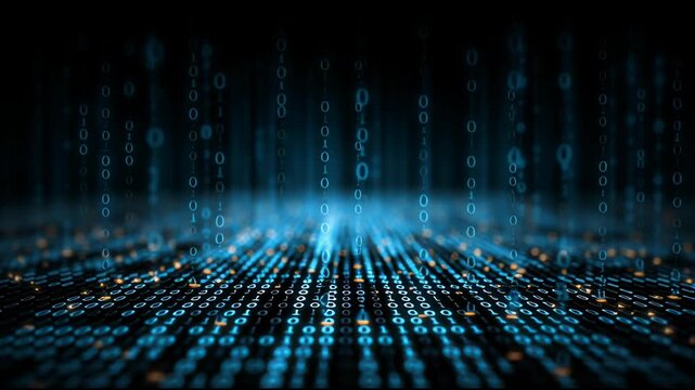 Binary Code Stream: A vibrant representation of binary code cascading in a stream of digital data, forming an immersive abstract digital world.