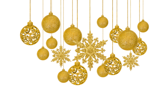 Set of Christmas decorative tree ornament in the shape of a golden shiny snowflakes on string and balls, isolated on a transparent background with clipping path. Design element for Christmas card