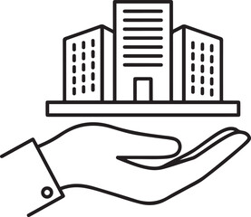 Hand holding a stylized building complex icon representing real estate skyscraper