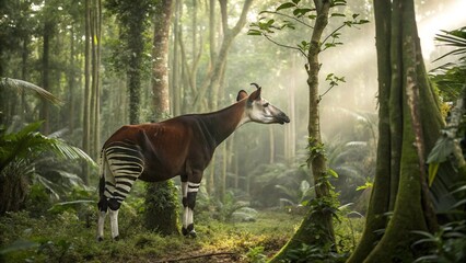 Rare and elusive Okapi (Okapia johnstoni) browsing on foliage in the dense tropical rainforest of the Congo.