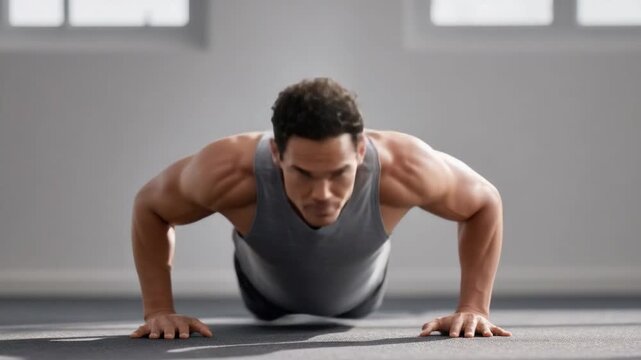 Fit male athlete performing push-ups in a fitness studio, showcasing strength and determination during workout session 4k Video footage