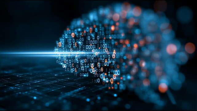 Digital Intelligence: An abstract depiction of the human brain, constructed from digital code and illuminated by a beam of light.