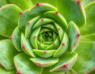 Close-up of a green succulent with spiraling leaves and red-tipped edges, shot from above