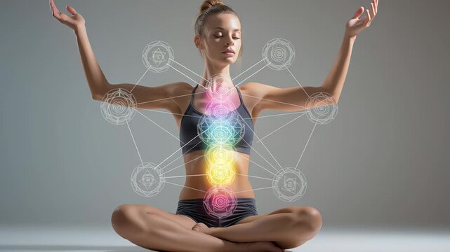 A woman sits in a calm meditation pose with glowing chakra points aligned along her body, creating a focused and balanced spiritual scene.