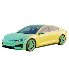 Modern electric sedan with a gradient paint job isolated on transparent background
