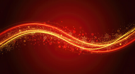 Abstract Red and Gold Christmas Background with Glowing Light Waves and Snowflakes.