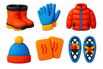 Cold Weather Gear Icons. 3D icon set of cold weather equipment: insulated boots, gloves, thermal jackets, beanies, hand warmers,