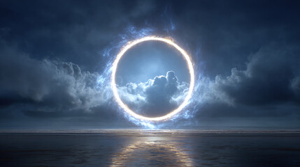 A shimmering portal hovers above the tranquil waters, framed by a dramatic, clouded sky. The scene captures a sense of wonder and mystery.