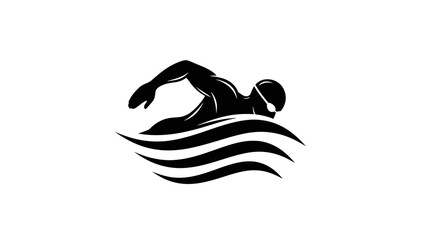 Black and white illustration of a swimmer in motion, swimming freestyle through stylized waves.