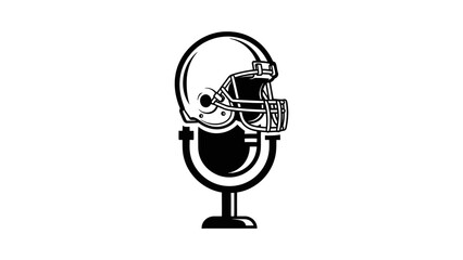 A monochrome logo featuring an American football helmet resting on a vintage broadcast microphone, symbolizing a sports podcast.