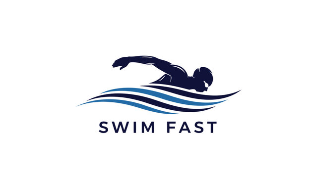 A logo featuring a dark blue silhouette of a swimmer doing freestyle stroke above stylized waves, with the text "SWIM FAST" below.