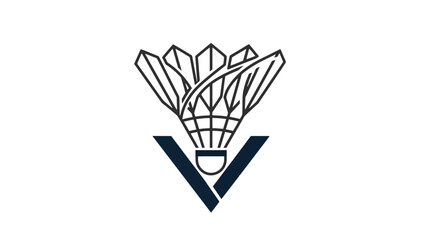 A minimalist logo design featuring a line art badminton shuttlecock above a dark blue letter V on a white background.
