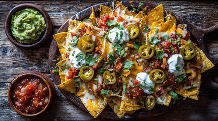 A rustic wooden board piled high with cheesy nachos, garnished with fresh toppings, alongside bowls of guacamole and salsa for dipping.