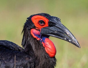 Close-up of a Ground Hornbill, with striking black plumage and bright red and blue facial markings against a blurred green backdrop