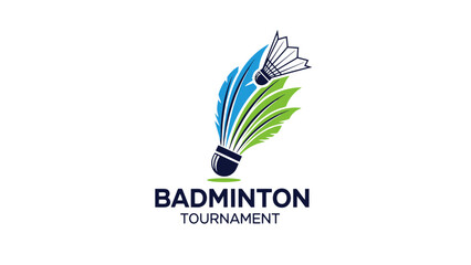 Creative logo design for a badminton tournament featuring a stylized shuttlecock with colorful feathers.