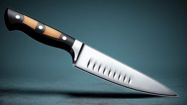 High-quality kitchen knife with a sleek design and polished blade, showcasing craftsmanship and functionality, camera pans to highlight details and features of the knife