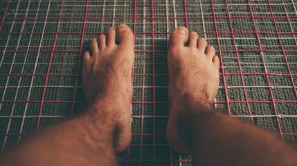 POV shot featuring a pair of human feet standing on a rug with a unique grid pattern in red and white against a dark green background, close-up.