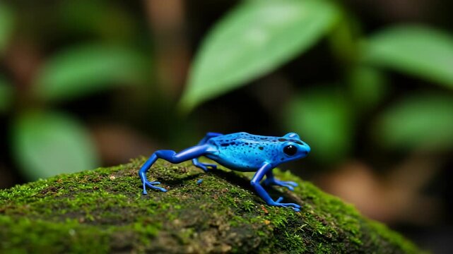 Vibrant Blue Poison Dart Frog on Mossy Rock in Tropical Rainforest Environment with Green Foliage Detailed Shot of Amphibian in Wildlife