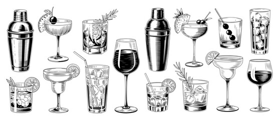 Illustration of various cocktail glasses and cocktail shakers with different garnishes and drinks