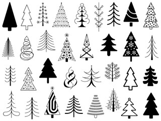 Obraz premium Collection of thirty six diverse black and white christmas tree illustrations on a white background