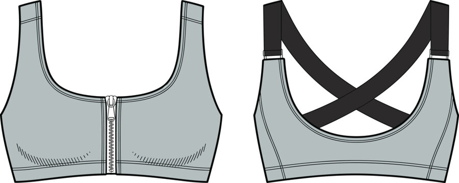 Front and back view of a grey sports bra with a zipper and black crisscross straps Keywords: sports bra, athletic bra, fitness