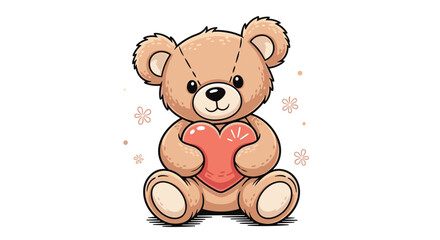Obraz premium A charming and sweet cartoon teddy bear with detailed line work sitting and holding a large pink heart surrounded by little flowers.