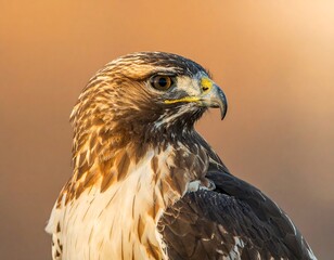 Close-up of a hawk's head against a soft, orange background, showcasing its detailed feathers and sharp beak