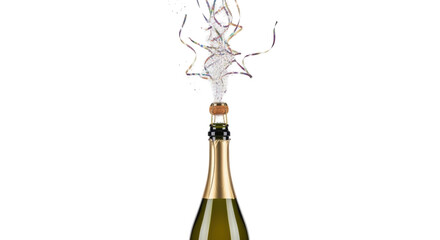 Popping champagne bottle with confetti isolated PNG, celebration drink for New Year s Eve and festive occasions on transparent background