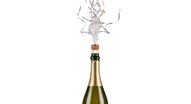 Popping champagne bottle with confetti isolated PNG, celebration drink for New Year s Eve and festive occasions on transparent background