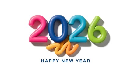 Colorful 2026 numbers and happy new year text isolated on white background