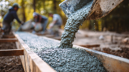 Construction crew pouring concrete into wooden forms, creating a solid foundation for future construction projects in a natural setting.