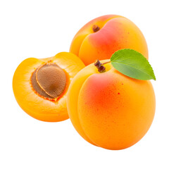 Fresh ripe apricots, whole with leaf and cut exposing inner pit isolated on transparent background