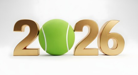 Golden year numbers 2026 with a tennis ball isolated on white background