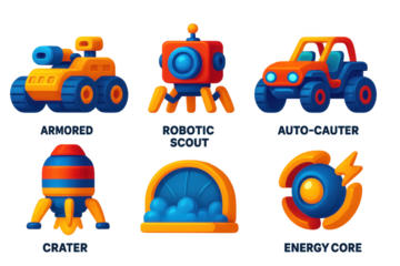 Futuristic Moon Vehicles. 3D icon set of futuristic moon vehicles: armored rover, robotic scout, dual-seater buggy, crater hopper,