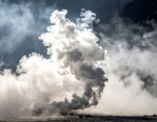 Ethereal white plume rising from a barren landscape, with dark mountains and sky creating a dramatic contrast