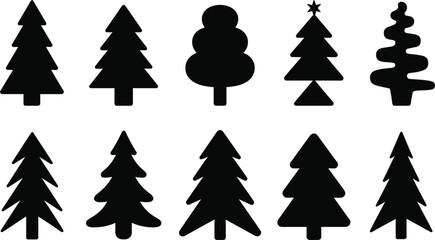 Fototapeta premium Collection of black silhouette Christmas tree icons with varied designs Keywords: Christmas tree