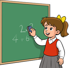 Vector illustration of cute schoolgirl erasing classroom blackboard.