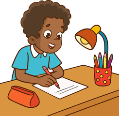 vector illustration of children studying at his desk.A child working on his homework at his desk. A child writing on a piece of paper.